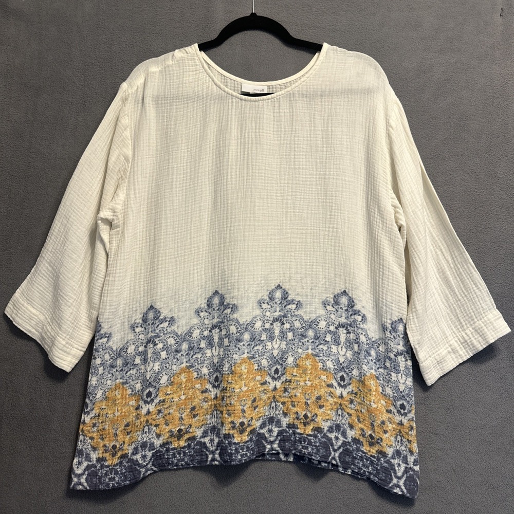 J. Jill Pure Jill Gauze Top Women Large Cream Coastal Paisley 3/4 Sleeve Blouse